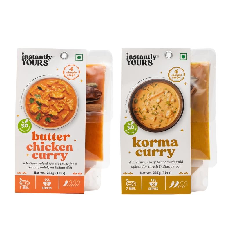 Instantly Yours Combo | Butter Chicken Curry 285g & Korma Curry 285g | Ready-to-Eat Creamy Indian Curries | No Preservatives | Mildly Spiced & Rich Flavors for a Delicious Meal