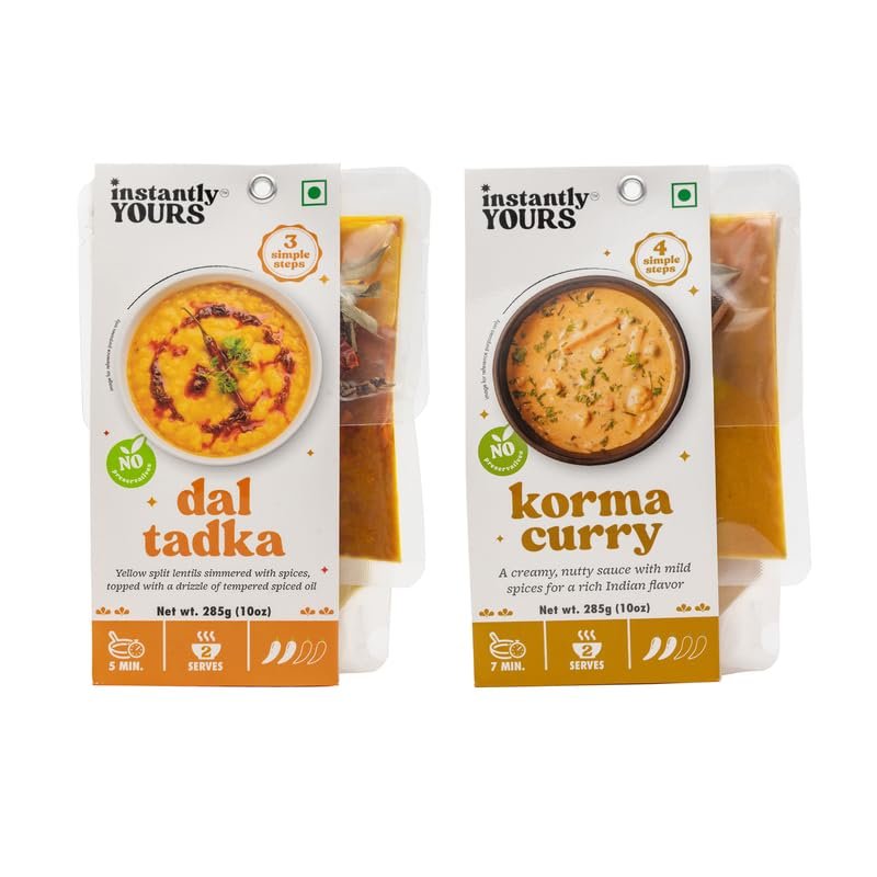 Instantly Yours Combo | Dal Tadka 285g & Korma Curry 285g | Ready-to-Eat Spiced Lentils & Creamy Curry | No Preservatives | Flavorful Indian Dishes for a Wholesome Meal