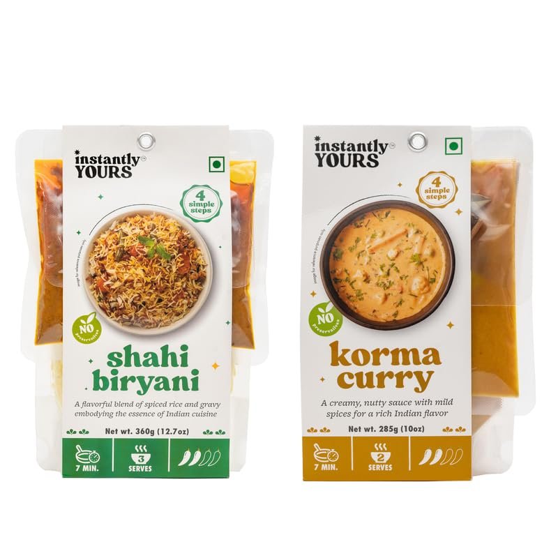 Instantly Yours Shahi Biryani 360gm & Korma Curry 285g Combo| Ready to Eat | Aromatic Rice Biryani & Creamy Korma Curry | No Preservatives | Instant Meal Ready in Mints