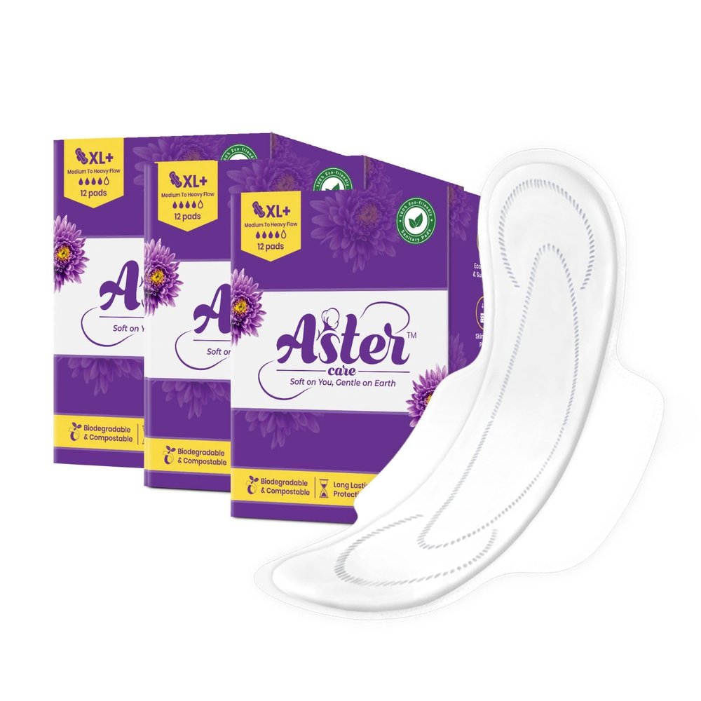Astercare Organic Biodegradable Soft & Rash Free Sanitary Pads for Women XL+12 Pads Super Absorption Medium to Heavy Flow Extra Coverage Fragrance Free Leakage-Proof Without Disposable Bag(XL+, 36, count)
