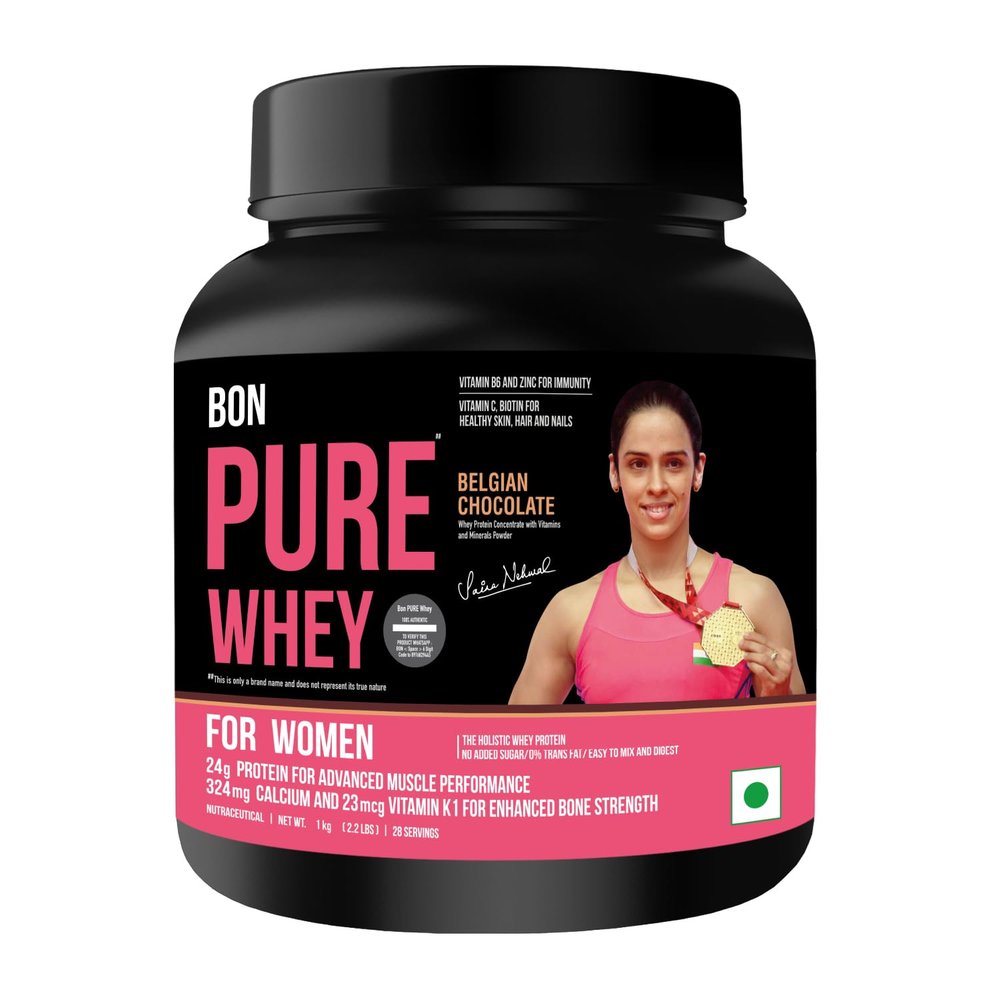 BON PURE WHEY Protein for Today's Women, 1kg | 24g Concentrate + Isolate Protein & BCAAs for Muscle Recovery, 324mg Calcium for Bone Strength, Folic Acid for Menstrual Health, Biotin for Healthy Skin, Hair, Nails and Vitamins, Minerals for Holistic W