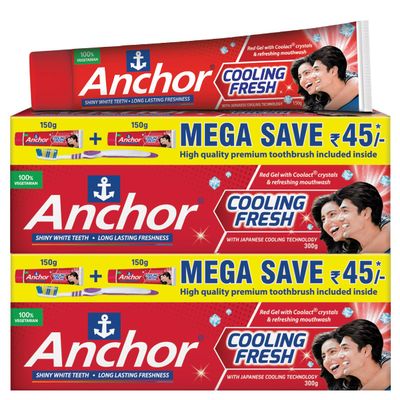 Anchor Cooling Fresh Gel Toothpaste 600g (150g x 4) | With Japanese Coolact Technology & Micro-Crystals | Fluoride Toothpaste for Stronger Teeth & Long-Lasting Freshness | 100% Vegetarian