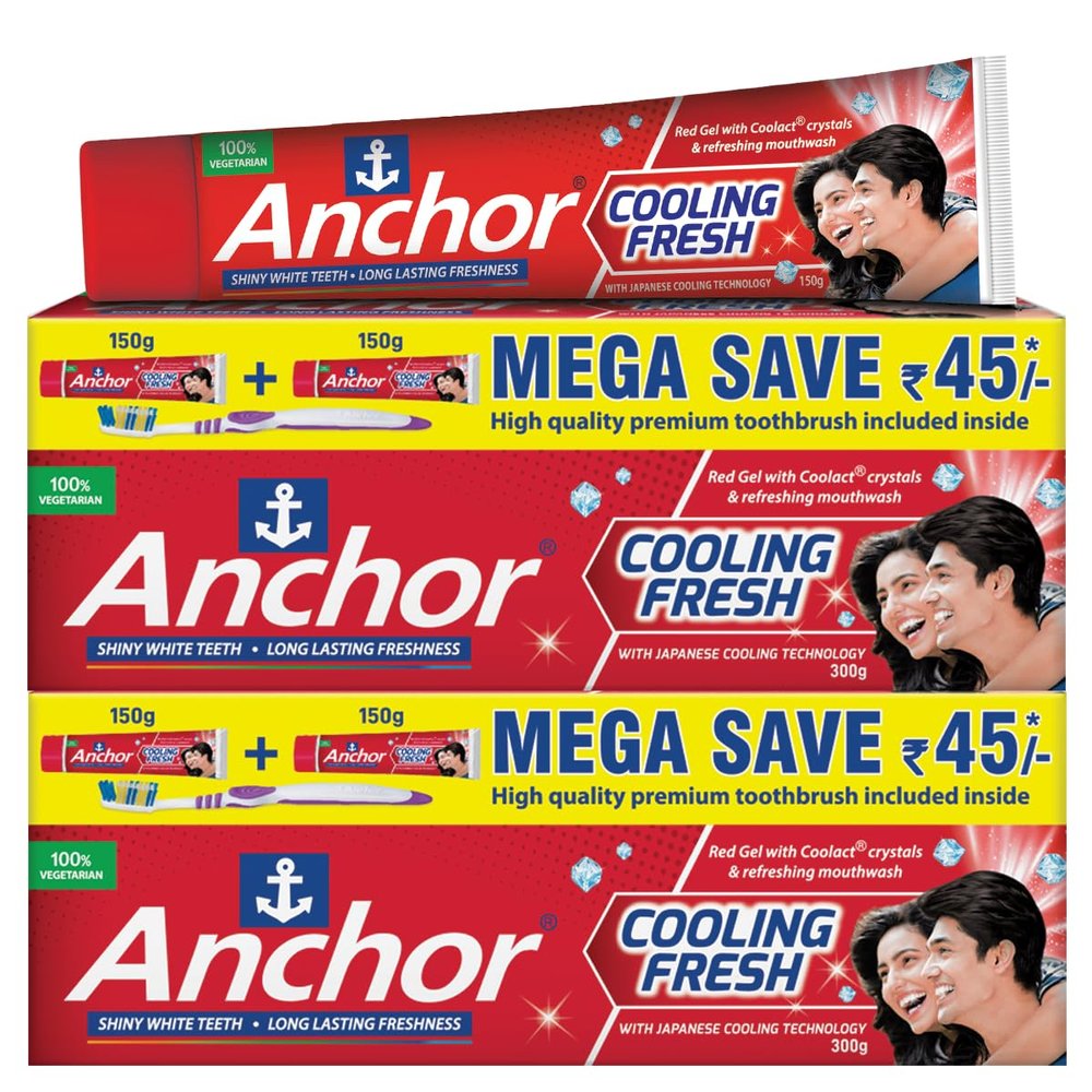 Anchor Cooling Fresh Gel Toothpaste 600g (150g x 4) | With Japanese Coolact Technology & Micro-Crystals | Fluoride Toothpaste for Stronger Teeth & Long-Lasting Freshness | 100% Vegetarian