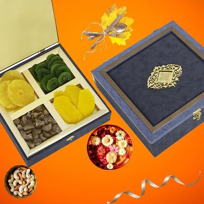 Wooq Festival Assorted Dry Fruits Gift Hamper Perfect Diwali & Christmas Gift: Elegant Gift Box (10x10x2 Inch) with Packs of Dried Mango, Pineapple, Kiwi & Amla Candy
