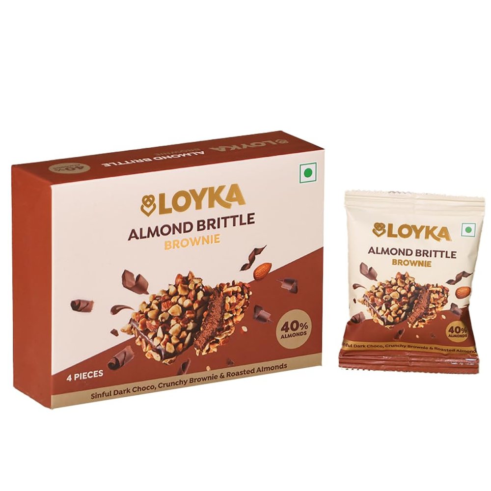 LOYKA Almond Brittle Brownie Choco Box - 4 pcs 58g | Premium Chocolate Gift Hamper | Choco & Nut Dryfruit Delicacy | Roasted California Almonds (45%), Dark Choco & Crunchy Brownie | Any-time snack