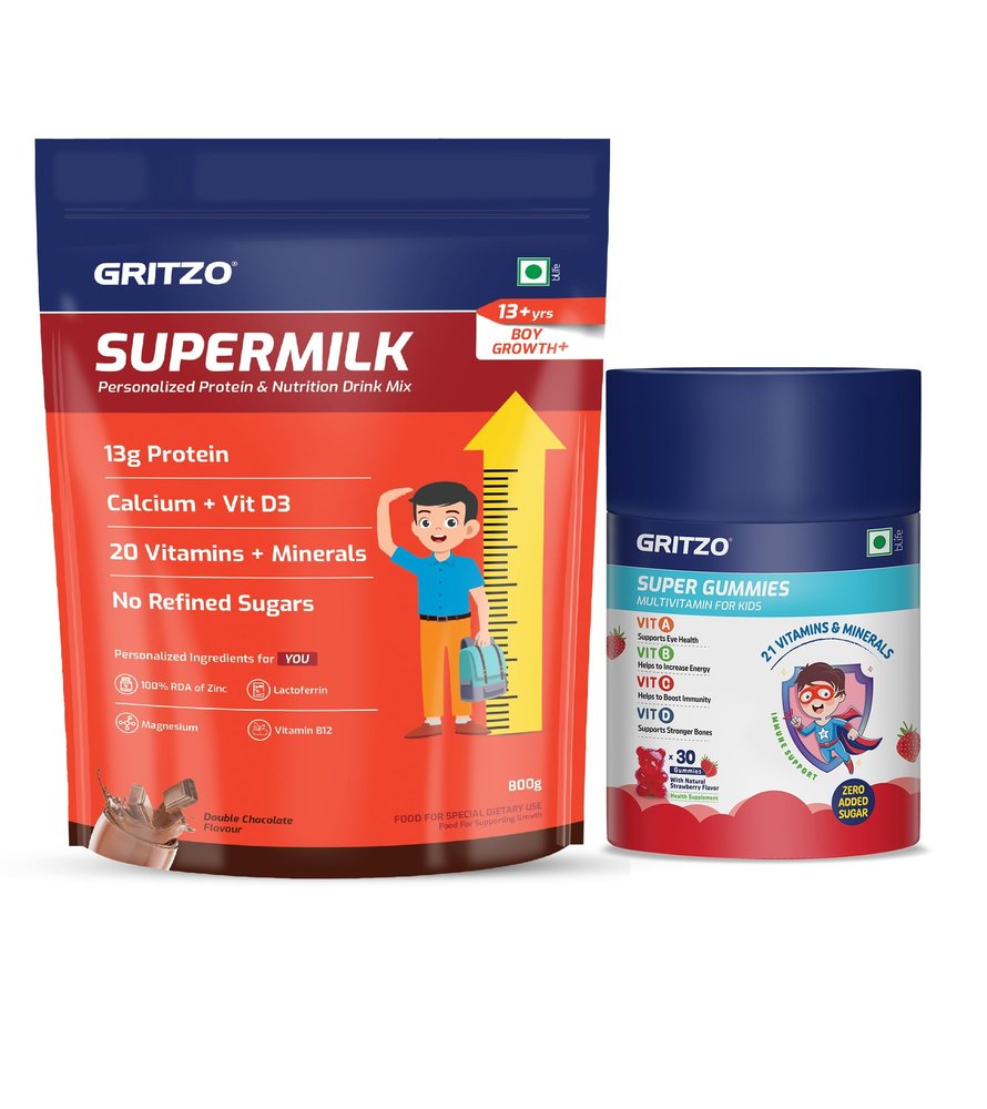 Gritzo SuperMilk Growth+ (Formerly Height+) (13+y Boys) with Super Gummies (Double Chocolate, 800g & Strawberry, 30 Gummies) | Pack of 2