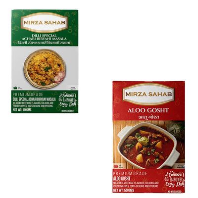 Mirza Sahab Combo Pack | Dilli Special Achari Biryani Masala & Aloo Gosht | Delightful Blend for Meaty & Veggie Lovers