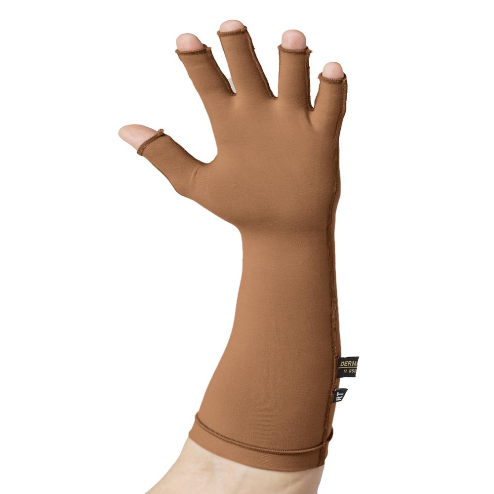 Medical Compression Hand Glove upto Mid-fore Arm | OUTSIDE ZIP | Open Fingers || HIGH COMPRESSION | COTTON | UNISEX | BURN Recovery Support | Control Swelling | (Brown, Right Hand- 4XL)