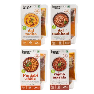 Instantly Yours Ready-to-Eat Indian Combo | Dal Tadka, Dal Makhani, Punjabi Chole & Rajma Masala | 100% Natural Ingredients | No Preservatives | Authentic & Rich Indian Flavors | Gourmet Meal for Easy, Healthy Dining | 285g x 4