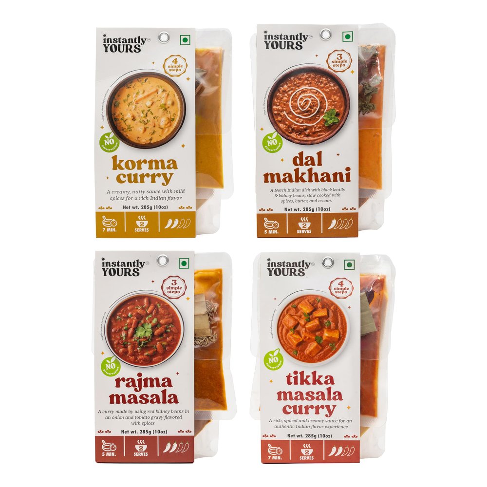 Instantly Yours Ready-to-Eat Indian Combo | Korma Curry, Dal Makhni, Rajma Masala & Tikka Masala | 100% Natural Ingredients | No Preservatives | Authentic & Flavorful Indian Meals | Gourmet Dining | 285g x 4