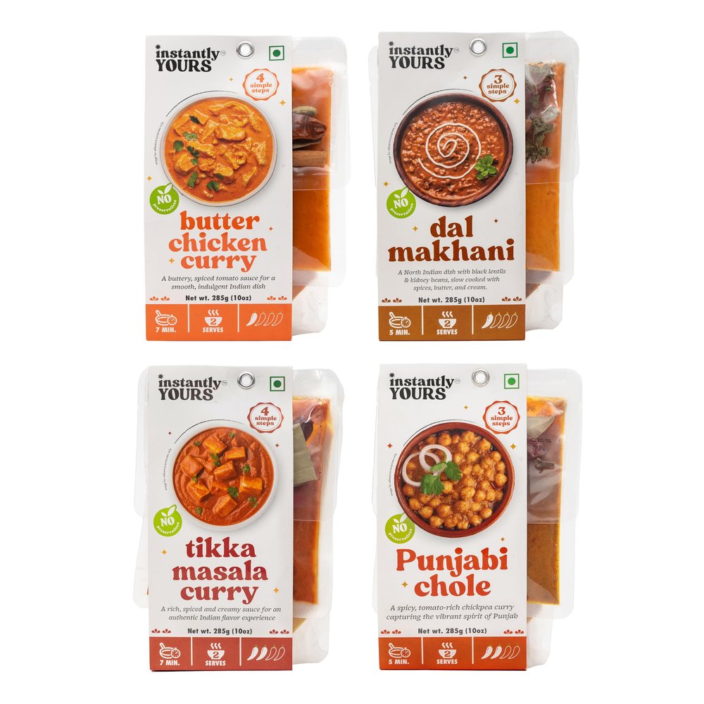Instantly Yours Ready-to-Eat Indian Combo | Butter Chicken Curry, Dal Makhani, Tikka Masala Curry & Punjabi Chole | 100% Natural Ingredients | No Preservatives | Authentic Indian Flavors | Gourmet Meal for Easy, Healthy Dining | 285g x 4