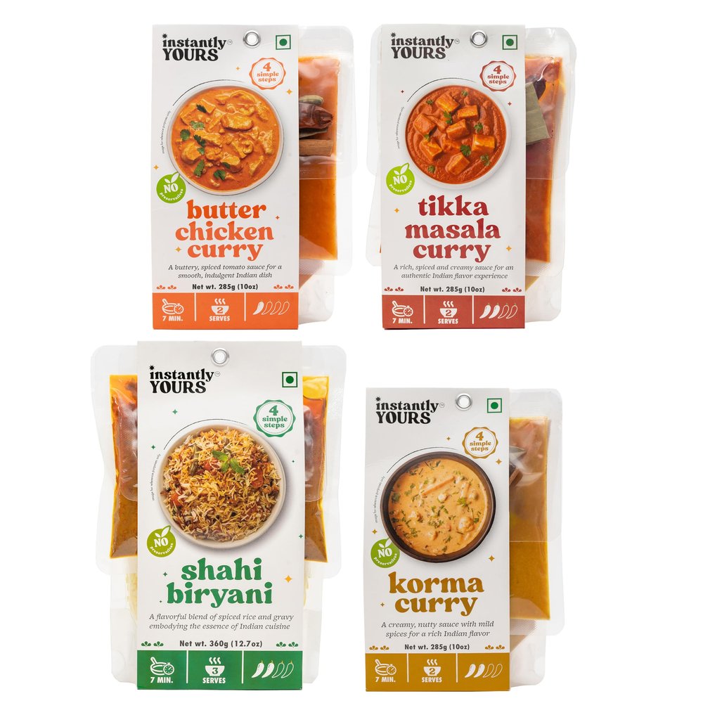 Instantly Yours Ready-to-Eat Indian Combo | Butter Chicken Curry, Tikka Masala Curry, Shahi Biryani & Korma Curry | 100% Natural Ingredients | No Preservatives | Authentic & Rich Indian Flavors | Gourmet Meal for Easy, Healthy Dining | 285g x 3 & 360