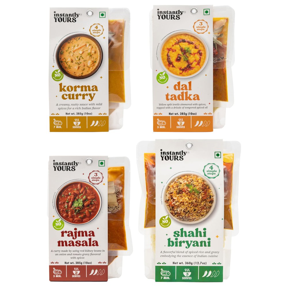 Instantly Yours Ready-to-Eat Indian Combo | Korma Curry, Dal Tadka, Rajma Masala & Shahi Biryani | Authentic Flavors | No Preservatives | 100% Natural Ingredients | Gourmet Meal 285g x 3 and 360g x 1