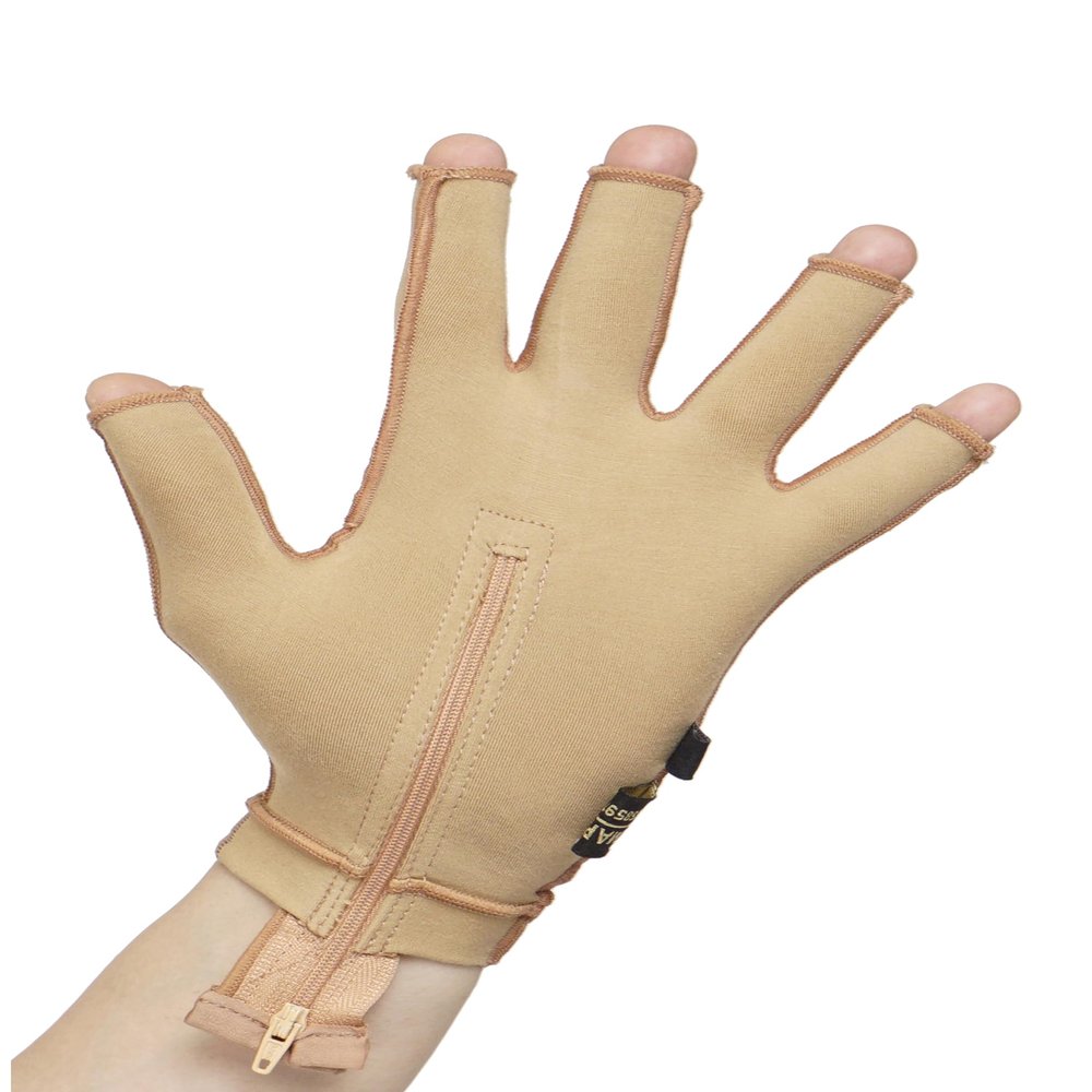 Medical Compression Hand Glove upto WRIST with open Fingers | OUTSIDE ZIP| HIGH COMPRESSION | COTTON | UNISEX | BURN Recovery Support | (Beige, Right Hand- L)