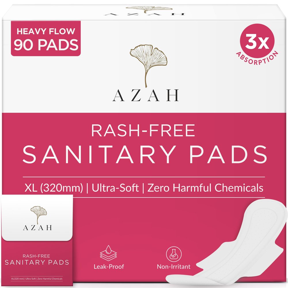 AZAH Sanitary Pads for Women XL [Pack of 90] 100% Rash-Free sanitary napkins | 3x More Absorption, Cottony Soft and Dry Top Cover for heavy Flow | Leak-Proof | With Disposable Bag