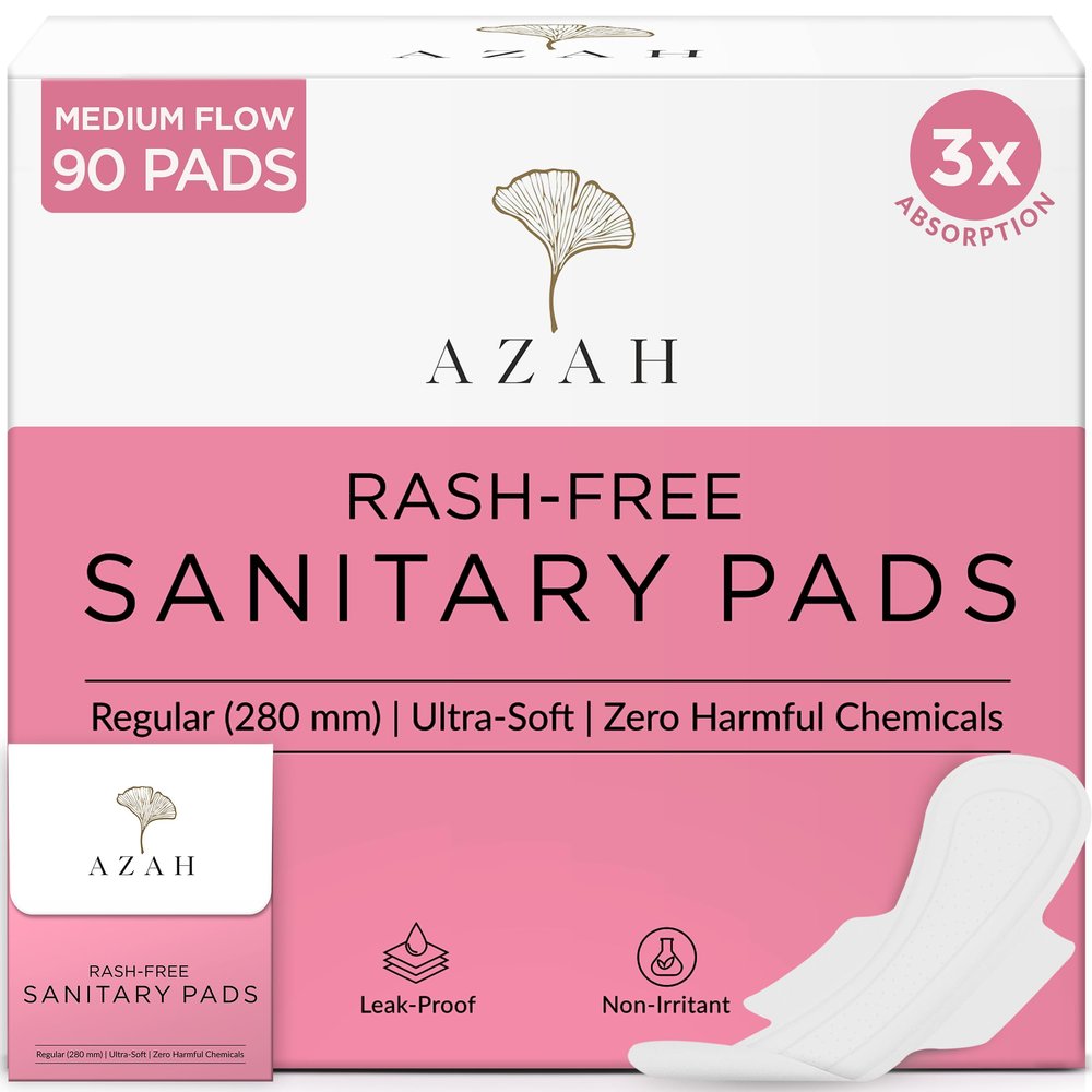 AZAH Sanitary Pads for Women Regular [Pack of 90] 100% Rash-Free sanitary napkins | 3x More Absorption, Cottony Soft and Dry Top Cover for heavy Flow | Leak-Proof | With Disposable Bag