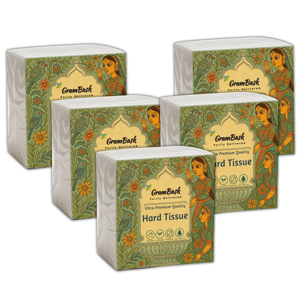 GRAMBASK - PURITY DELIVERED Hard Tissue Paper 1 Ply - 400 Sheets | Pack of 5 x 80 Sheets | Tear Resistant, Lint Free, Chlorine Free, Long Lasting