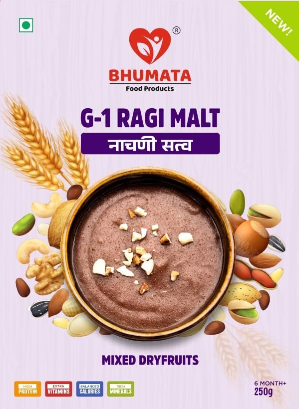 BHUMATA FOOD PRODUCTS - Mixed Dry Fruits Ragi Malt (250gm X3) | 100% Natural Nachani Satva | Rich in Fibre, Protein & Iron | Healthy Meal for Kids & Adults (Pack of 3)