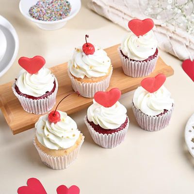 FlowerAura Yummy Fresh Love Theme Red Velvet & Pineapple Cupcakes For Birthday, Anniversary, Valentine's Day, Mother's Day, Father's Day, Women's Day, Baby Shower & Party (Same Day Delivery) (6Pcs)