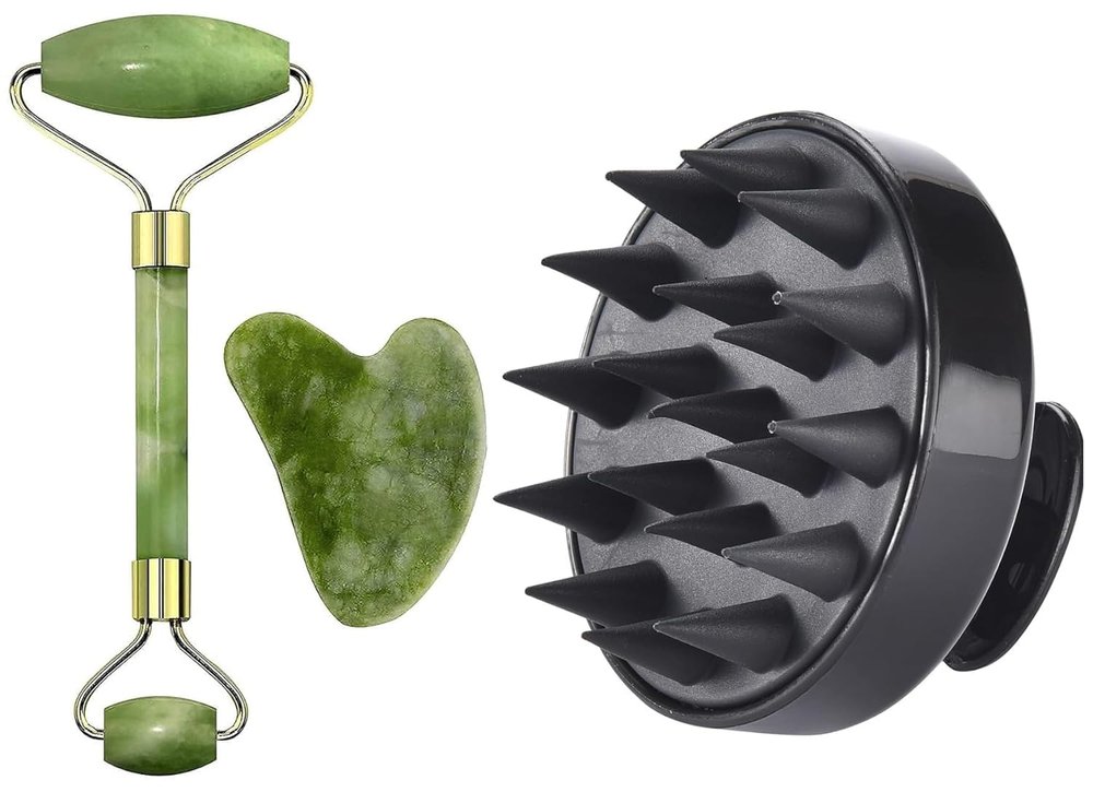 ZOXOWA Facial Massager Jade Roller & Gua Sha Tool Natural Himalayan Stone for Face Neck Healing Skin Wrinkles & Serum Application Hair Scalp Massager