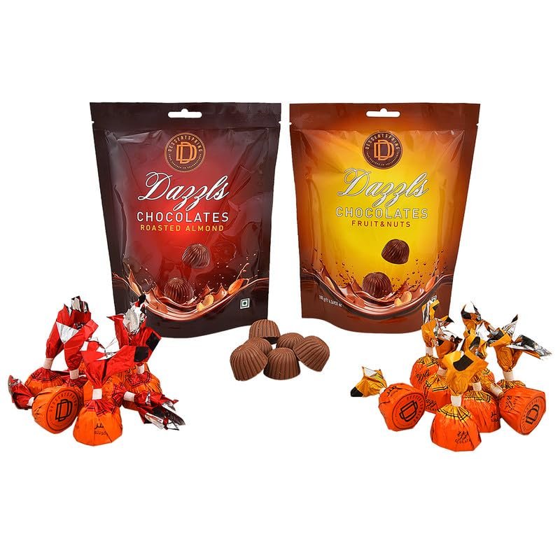 DESSERTSPRING Dazzls - 180G Roasted Almond Chocolate + Fruit & Nuts Chocolate - Pack Of 2