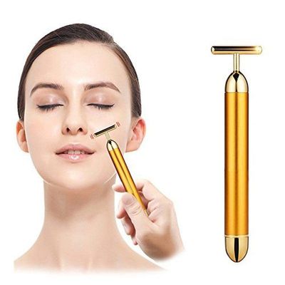 24K Gold Face Massager Energy Beauty Bar Electric Vibration Facial Massage Waterproof Face Skin Care T-Shaped Anti Wrinkle Massager for Forehead, Cheek,Neck,Clavicle Arm Leg