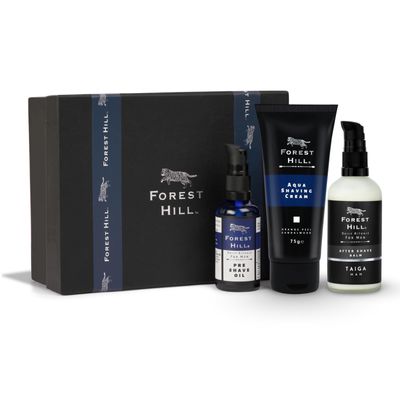 Forest Hill Men Grooming Gift Set Hamper, Set of 3 Luxury Shaving Kit, Before Shave Oil 50ml, Aqua Shaving Cream 75g and Alcohol Free Taiga Post Shave Balm 100ml For Personal and Professional Salon