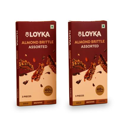 Loyka Almond Brittle Assorted Box - 3 pcs X 2 | Chocolate Gift Hamper |Choco & Nut Dry fruit Delicacy |Roasted California Almond (40%), Dark Choco & Salted Caramel | Gold, Brownie, Coffee 87 gram