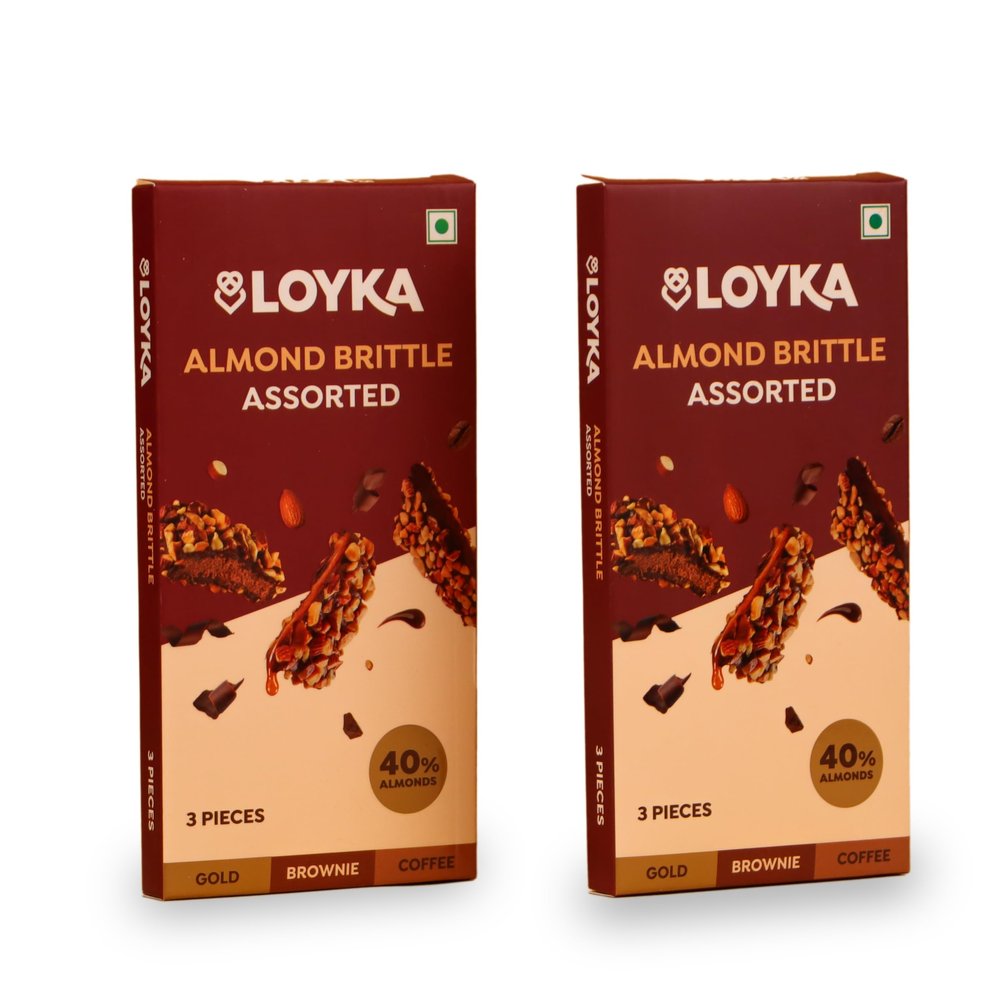 Loyka Almond Brittle Assorted Box - 3 pcs X 2 | Chocolate Gift Hamper |Choco & Nut Dry fruit Delicacy |Roasted California Almond (40%), Dark Choco & Salted Caramel | Gold, Brownie, Coffee 87 gram