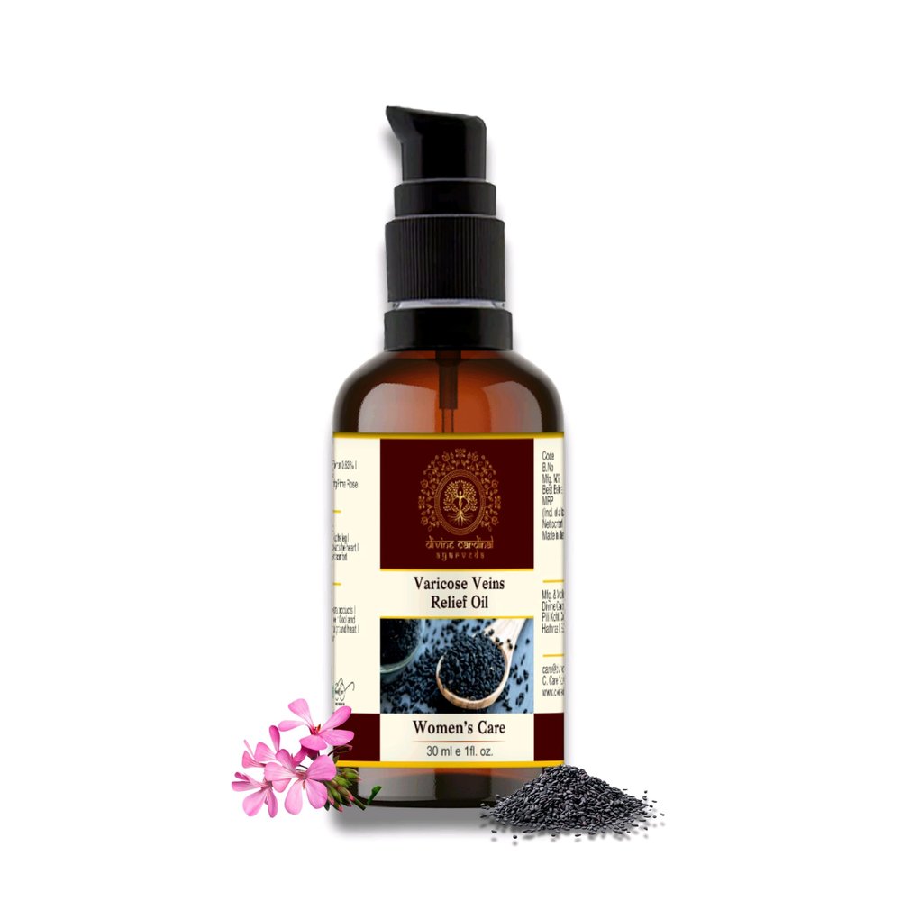 Divine Cardinal Ayurveda Oil for Varicose Vein Relief - Leg Care & Comfort Oil - Reduces Swelling, Cramps, and Discomfort - Calming Essential Oil Blend with Peppermint, Geranium, Black Seed, & Lemon Oils - Nourishing Leg Massage Oil for Soothing Reli