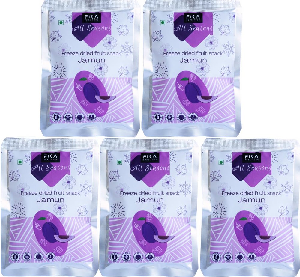 FIKA PURE FOOD Jamun Freeze Dried Fruit Snack:Vegan| 100% fruit|no added sugar| no preservatives| Healthy and Crispy snacks for kids and adults (Pack of 5, each 15 grams)