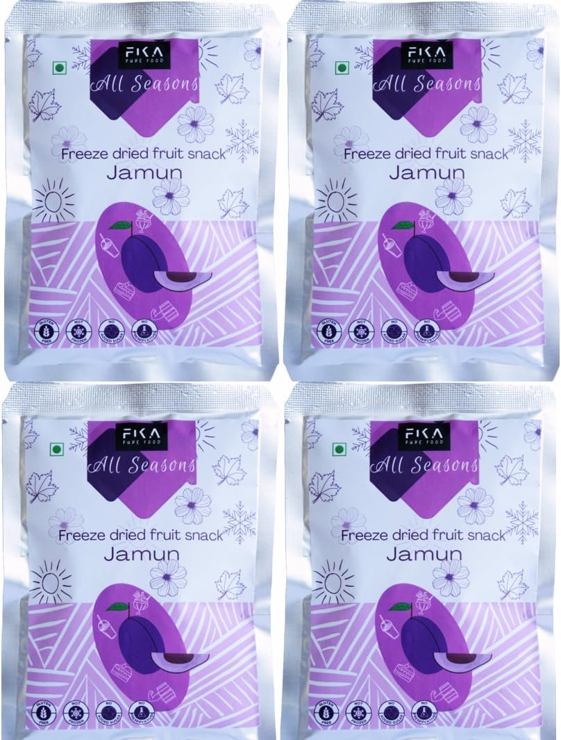 FIKA PURE FOOD Jamun Freeze Dried Fruit Snack:Vegan| 100% fruit|no added sugar| no preservatives| Healthy and Crispy snacks for kids and adults (Pack of 4, each 15 grams)