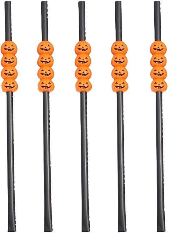 MPS My Party Suppliers Party Paper Straws for Halloween Theme Party, Halloween Pumpkin Accessory, Pumpkin Ghost Skull Paper Straws, Home and Kitchen Item (Black-Orange Pumpkin Straw)