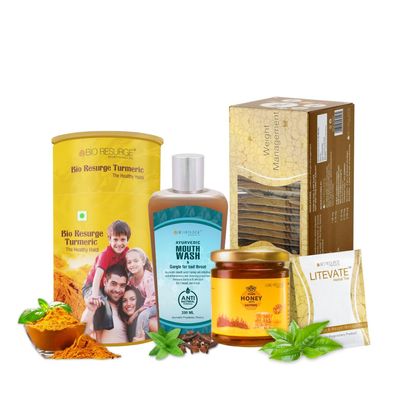 Bio Resurge Wellness Kit,Combo of Turmeric Powder, Ayurvedic Mouth Wash, Honey, Green Tea for (Pack of 4)