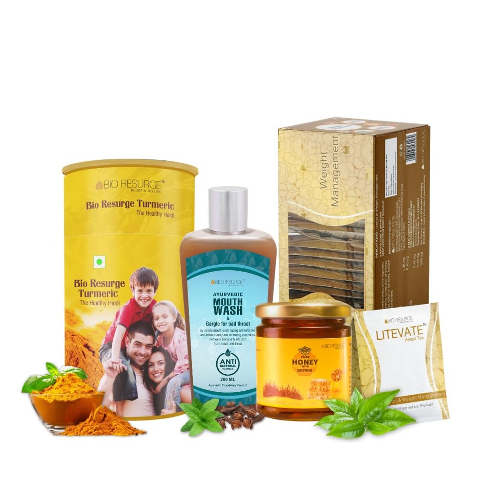 Bio Resurge Wellness Kit,Combo of Turmeric Powder, Ayurvedic Mouth Wash, Honey, Green Tea for (Pack of 4)