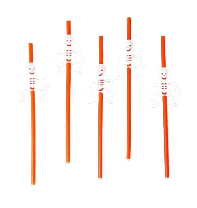 MPS My Party Suppliers Party Paper Straws for Halloween Theme Party, Halloween Pumpkin Accessory, Pumpkin Ghost Skull Paper Straws, Home and Kitchen Item (Orange- White Skeleton Straw)