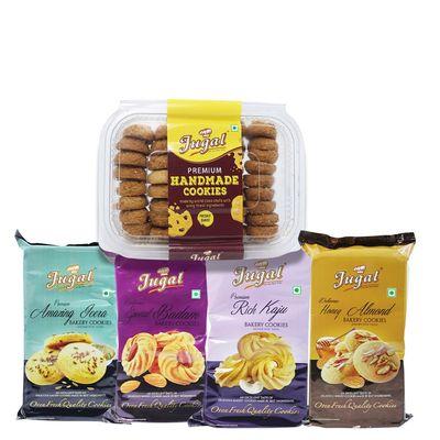 Jugal Bakers Combo of Kaju, Badam, Jeera, Homet Almond Bakery Cookies (200gm Each) Homemade Cookies (250gm) (Pack of 5) Healthy Tea Snacks, Dry Fruits Cookies