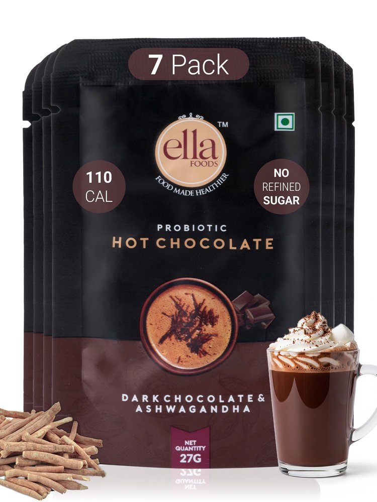 Ella Foods Probiotic Instant Hot Chocolate Powder (27g Sachets Pack of 7) | Sugar Free Hot Chocolate with Natural Coconut Sugar | Healthy Mix with Ashwagandha for Immunity Boost & Whole Milk