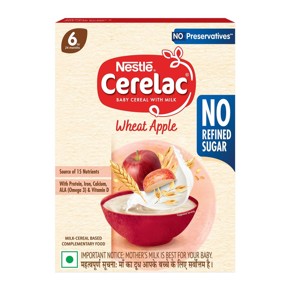 CERELAC Baby Food Cereal | No Refined Sugar | No Preservatives | Wheat Apple for 6 to 24 Months Baby | With Omega 3 Iron Protein Calcium Vitamin D | Instant Cereal | 360g, Bag-in-box pack
