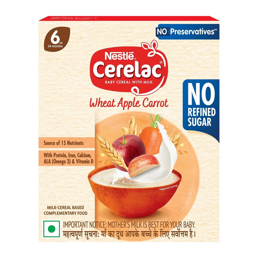 CERELAC Baby Food Cereal | No Refined Sugar | No Preservatives | Wheat Apple Carrot for 6 to 24 Months Baby | Omega 3 Iron Protein Calcium Vitamin D for Babies | Instant Cereal | 300g