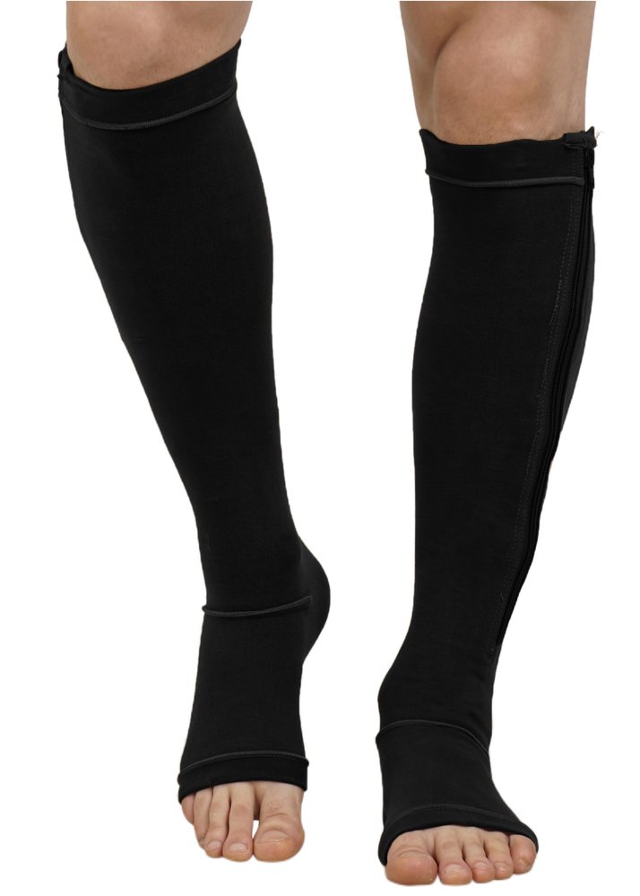 Medical Compression Stockings for Varicose Veins | Below Knee with ZIP Closure | COTTON FABRIC | MODERATE COMPRESSION | With Stitching | Unisex | Breathable (Black, M)