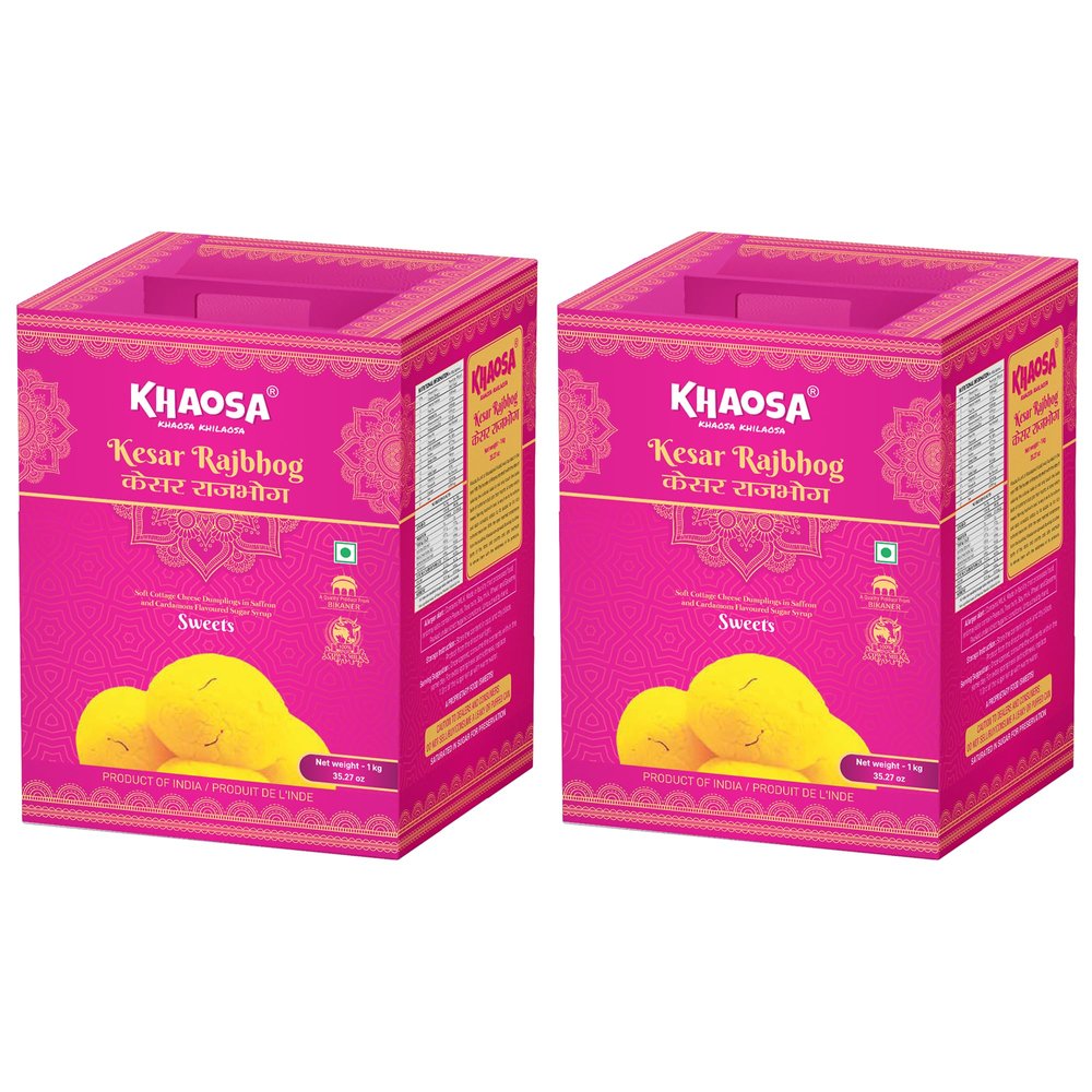 Khaosa Kesar Rajbhog | 2Kg | Traditional Indian Dessert | Rich and Flavorful Gourmet Mithai | Authentic Bikaneri Kesar Rajbhog | Gift-Worthy and Festive Treat | 10 Pieces Each  Pack of 2 Tins