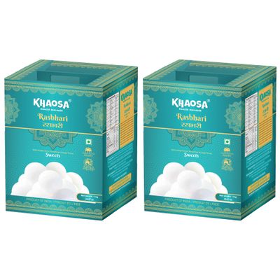 Khaosa Rasbhari | 2Kg | Traditional Indian Dessert | Soft and Juicy Gourmet Mithai | Irresistible Flavored Rasbhari | Gift-Worthy and Easy-to-Carry | 16 Pieces Each Pack of 2 Tins