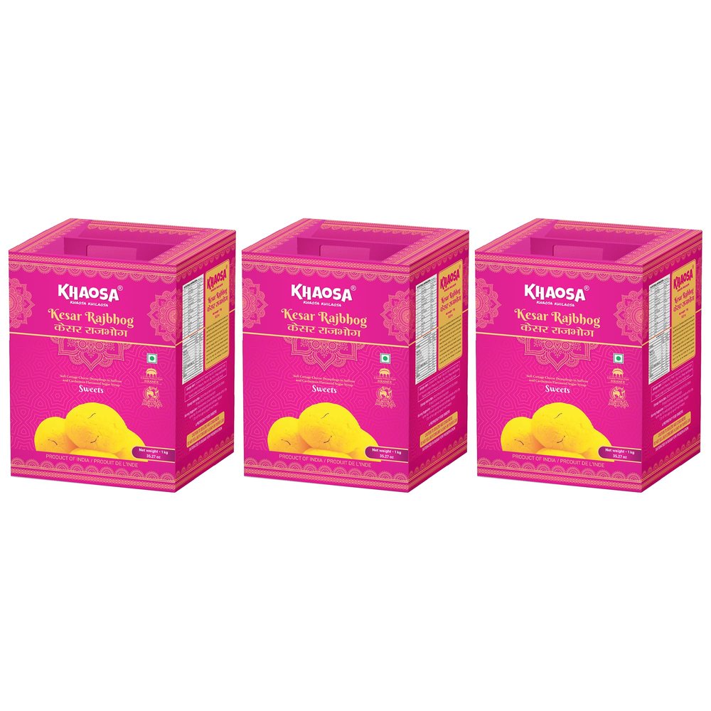 Khaosa Kesar Rajbhog | 3Kg | Traditional Indian Dessert | Rich and Flavorful Gourmet Mithai | Authentic Bikaneri Kesar Rajbhog | Gift-Worthy and Festive Treat | 10 Pieces Each  Pack of 3 Tins
