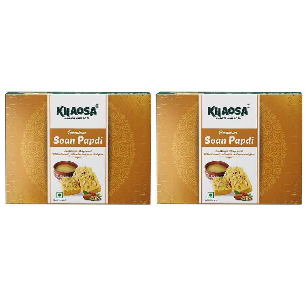 Khaosa Desi Ghee Soan Papdi | 900g | Traditional Indian Sweet | Nutty Almond & Pistachio Blend | Rich in Desi Ghee | Gift-Worthy Packaging | 450g Each Pack of 2