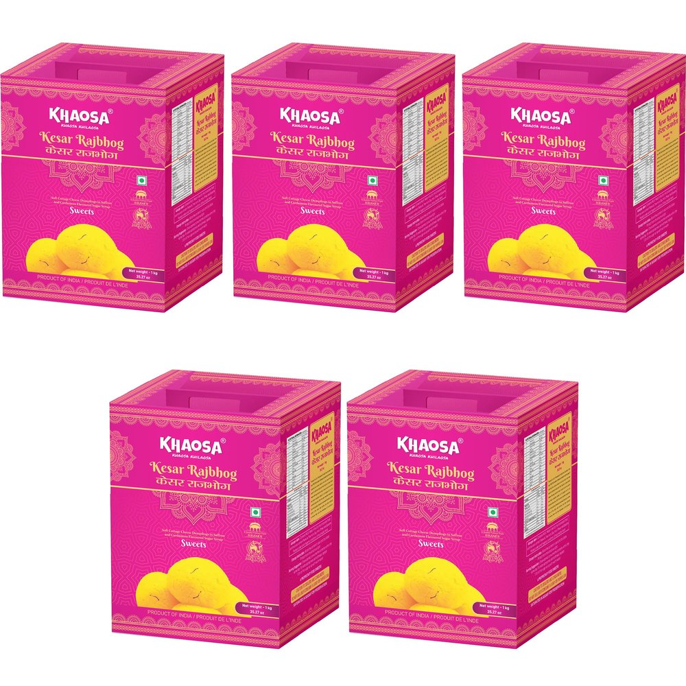 Khaosa Kesar Rajbhog | 5Kg | Traditional Indian Dessert | Rich and Flavorful Gourmet Mithai | Authentic Bikaneri Kesar Rajbhog | Gift-Worthy and Festive Treat | 10 Pieces Each Pack of 5 Tins