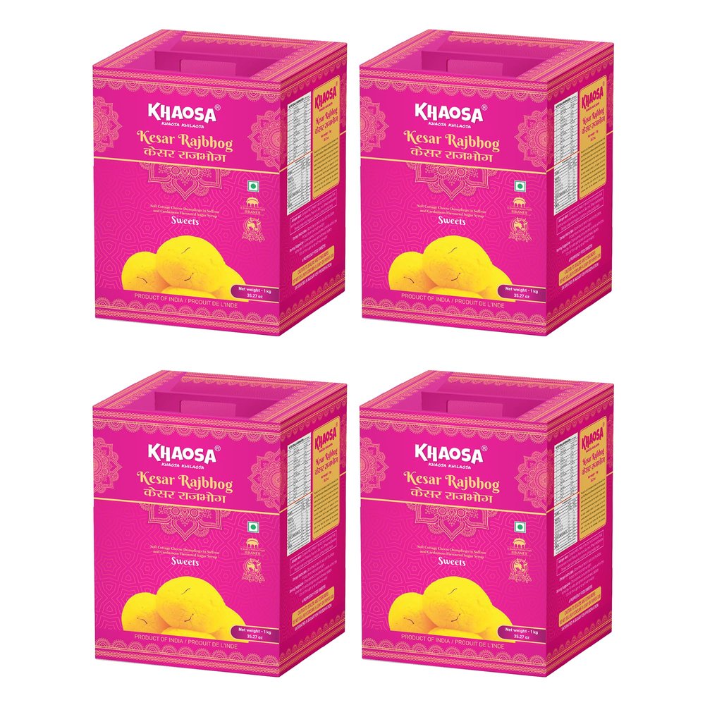 Khaosa Kesar Rajbhog | 4Kg | Traditional Indian Dessert | Rich and Flavorful Gourmet Mithai | Authentic Bikaneri Kesar Rajbhog | Gift-Worthy and Festive Treat | 10 Pieces Each  Pack of 4 Tins