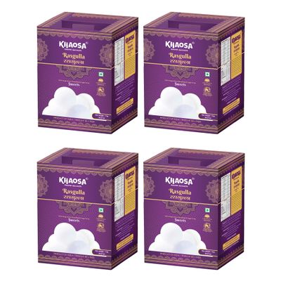 Khaosa Rasgulla | 4Kg | Traditional Indian Dessert | Soft and Juicy Gourmet Mithai | Irresistible Flavored Rasgulla | Gift-Worthy and Easy-to-Carry | 20 Pieces Each Pack of 4 Tins