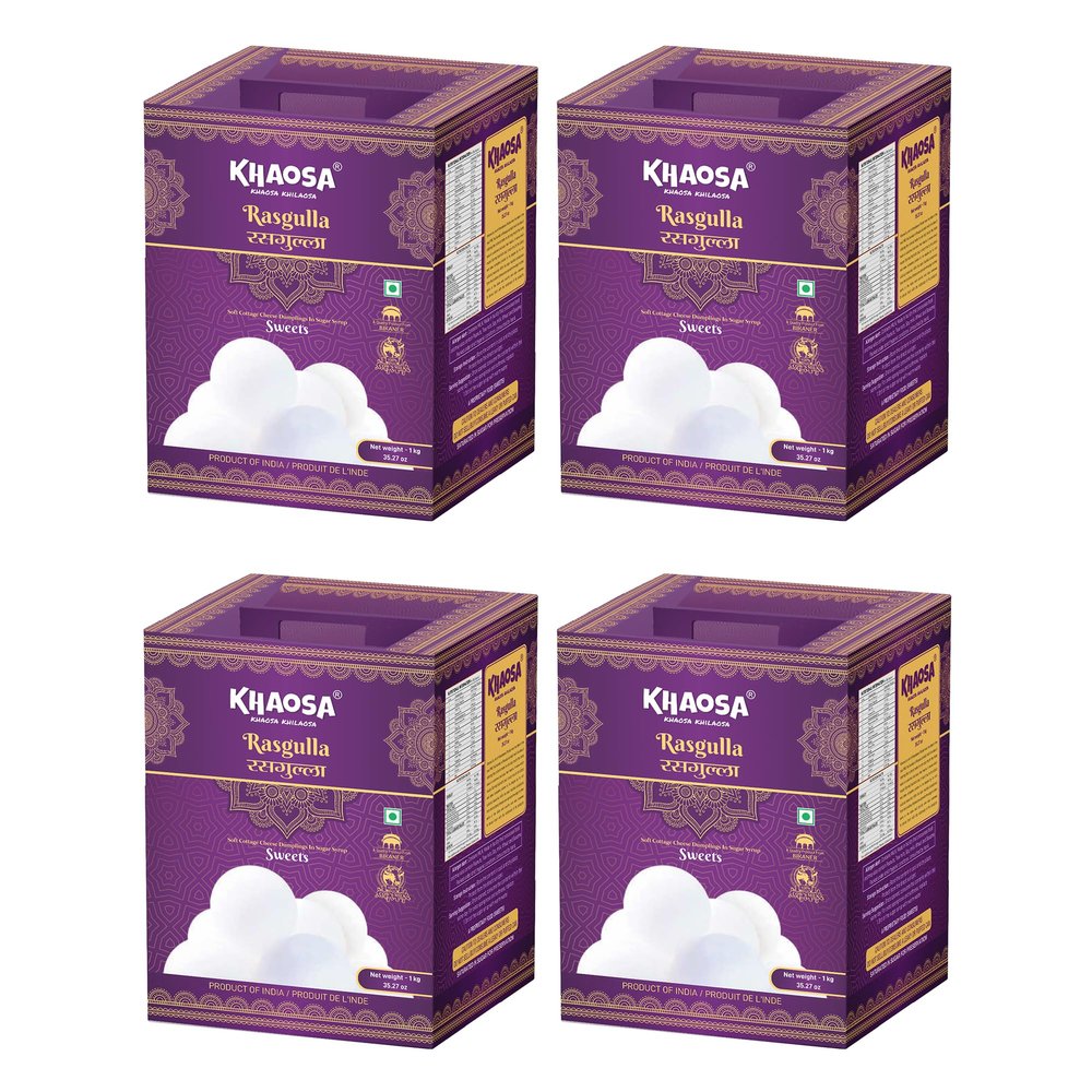 Khaosa Rasgulla | 4Kg | Traditional Indian Dessert | Soft and Juicy Gourmet Mithai | Irresistible Flavored Rasgulla | Gift-Worthy and Easy-to-Carry | 20 Pieces Each Pack of 4 Tins