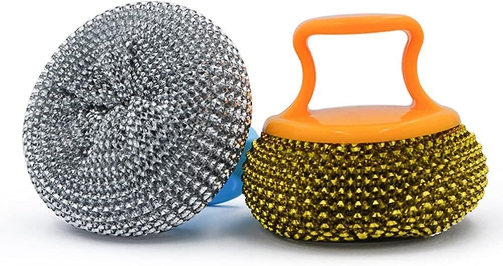 Divik Multi-Purpose Wire Scrubber Pads Ball Kitchen Dish Cleaning Sponges Scourer Scrub Ball with Handle for Pot Pan Dish Wash Cleaning (1Set of 2Pcs)